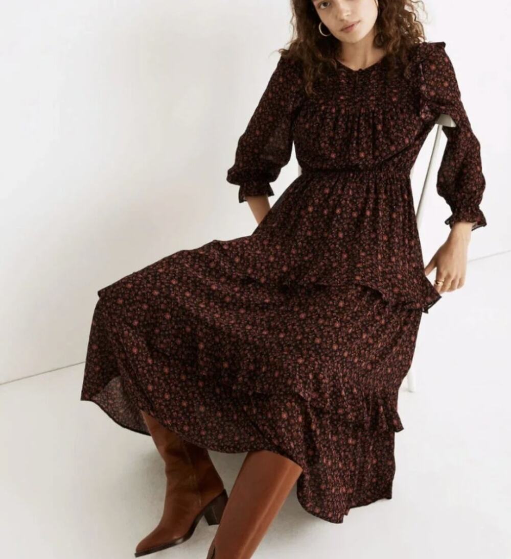 Madewell Georgette Floral Tiered Ruffle Midi Dress Dark Orchard Size M
